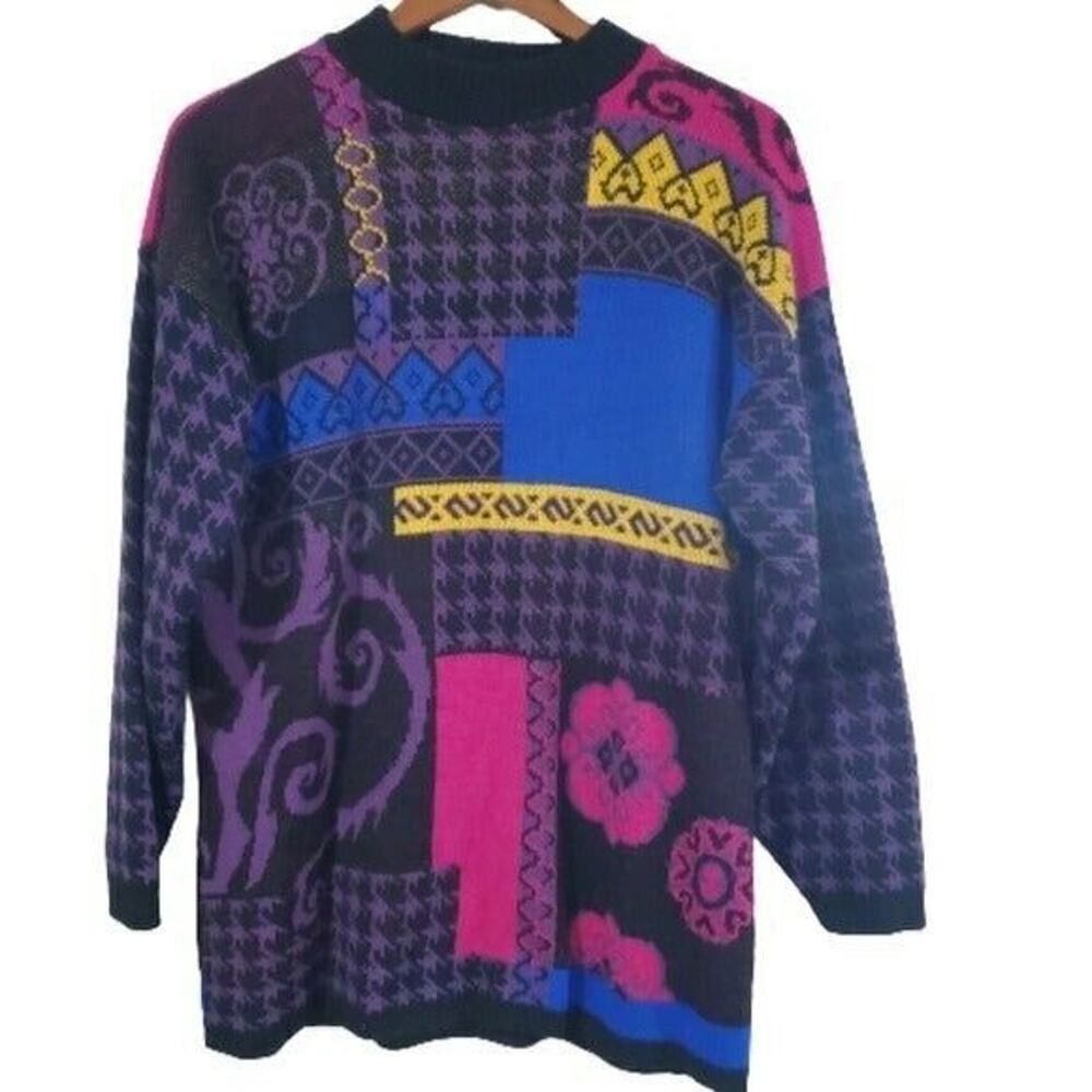 Vintage American Pride Sweater Mens Size Medium 80s Knit Colorful Cosby Preppy